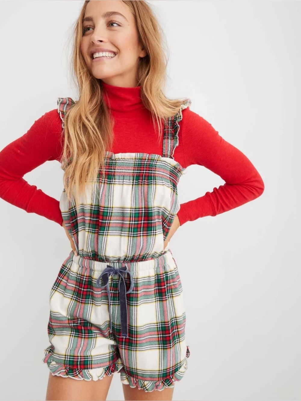 Aerie Red Green Plaid Sleepwear Flannel Romper Ruffle Straps Size Small Women’s